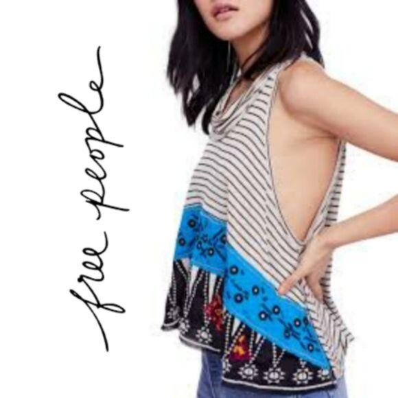 Free People NWT We The Free Ivory Striped Tank Top boho embelished striped sz S - Picture 1 of 8